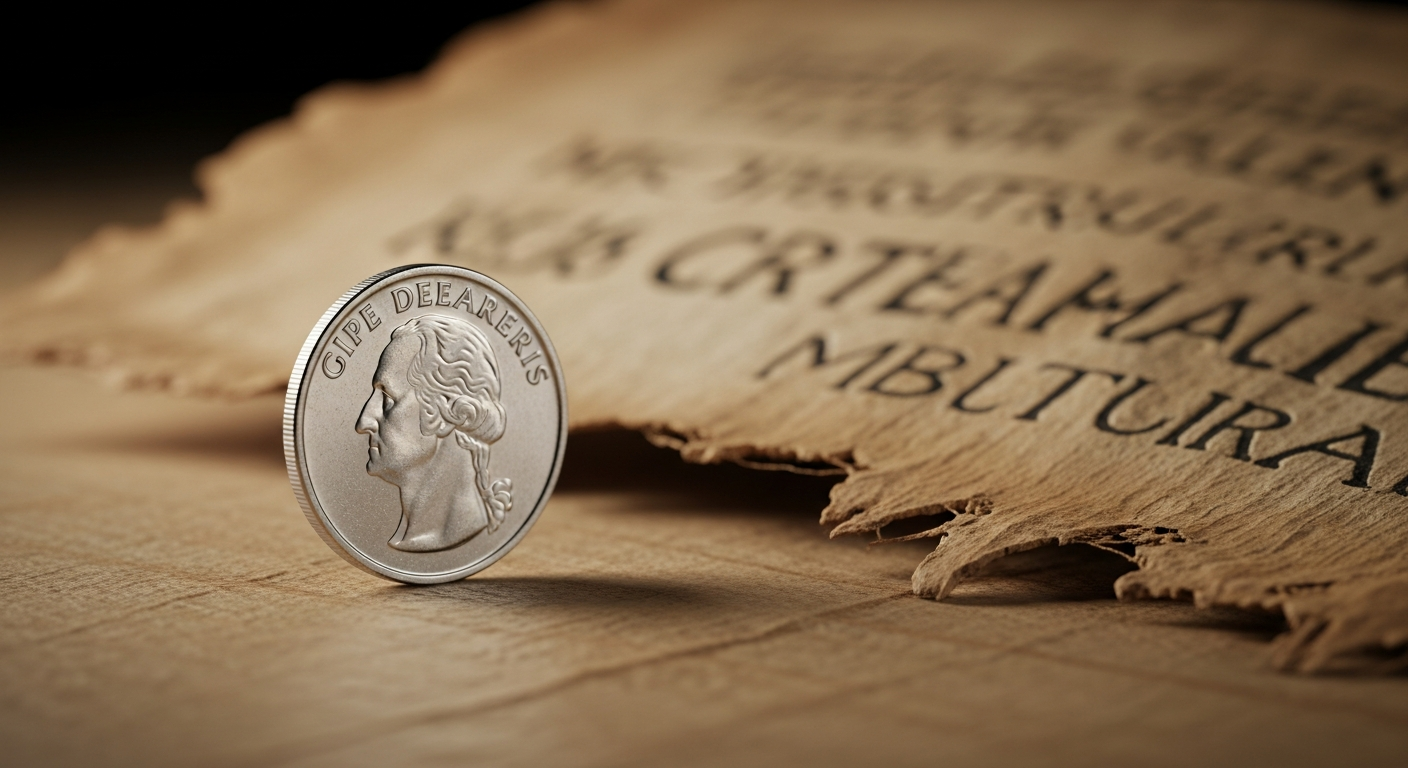 Close-up de uma moeda metálica genérica com brilho refletivo e alto contraste.