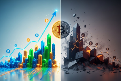 Imagem abstrata moderna dividida, representando a dualidade do mercado de Bitcoin em 2025.