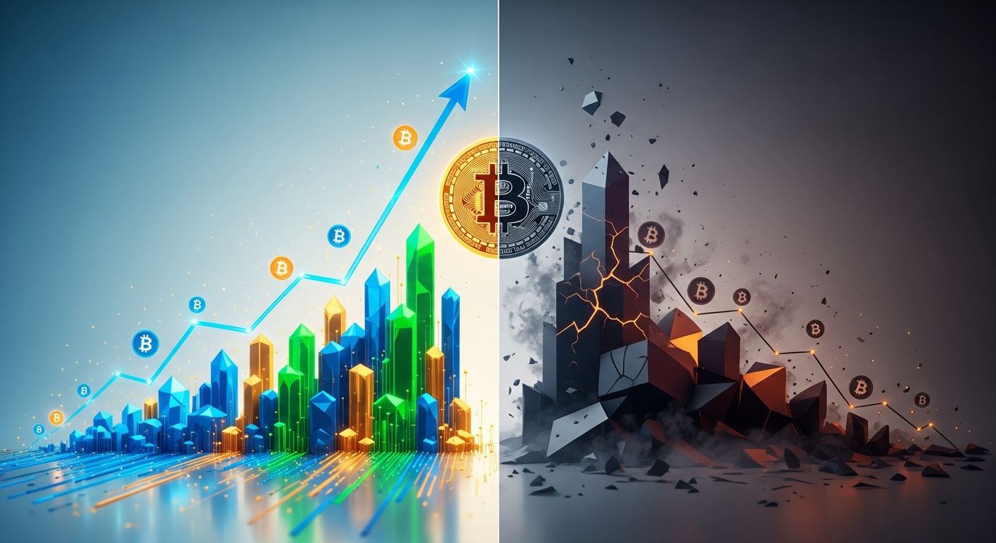 Imagem abstrata moderna dividida, representando a dualidade do mercado de Bitcoin em 2025.
