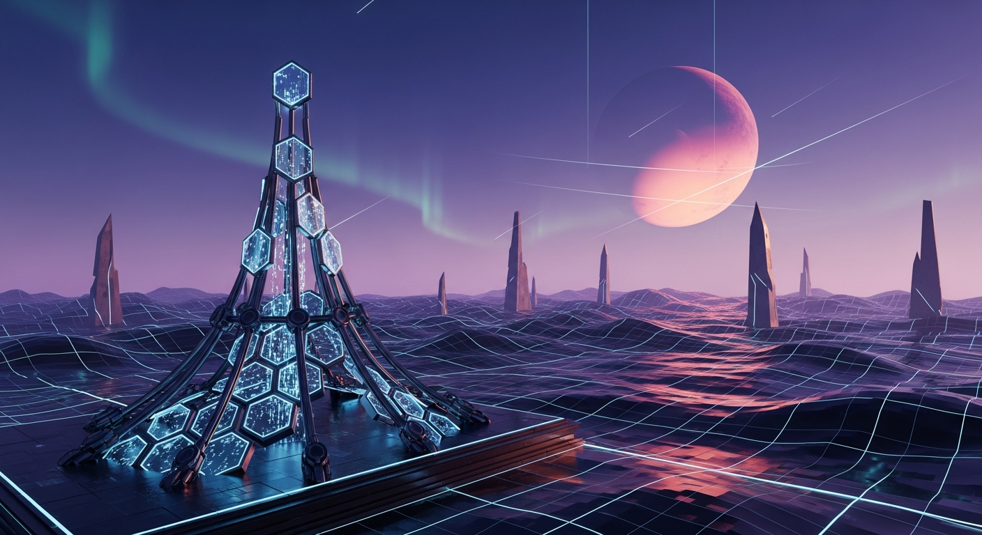 Paisagem digital abstrata e futurista com estrutura geométrica ascendente de nós hexagonais brilhantes.