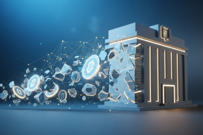 Arte digital abstrata e moderna, representando a integração de stablecoins no sistema financeiro tradicional.