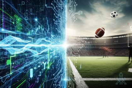 Arte digital: finanças de alta tecnologia e futebol tradicional convergem com fluxos de dados abstratos e brilhantes.