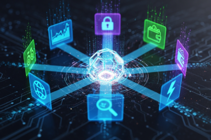 Arte digital moderna: esfera digital central brilh