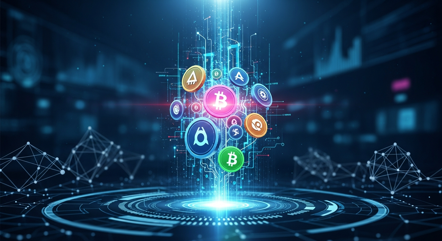 Agrupamento digital abstrato e brilhante de altcoins interconectadas em uma rede futurista, com iluminação dramática.