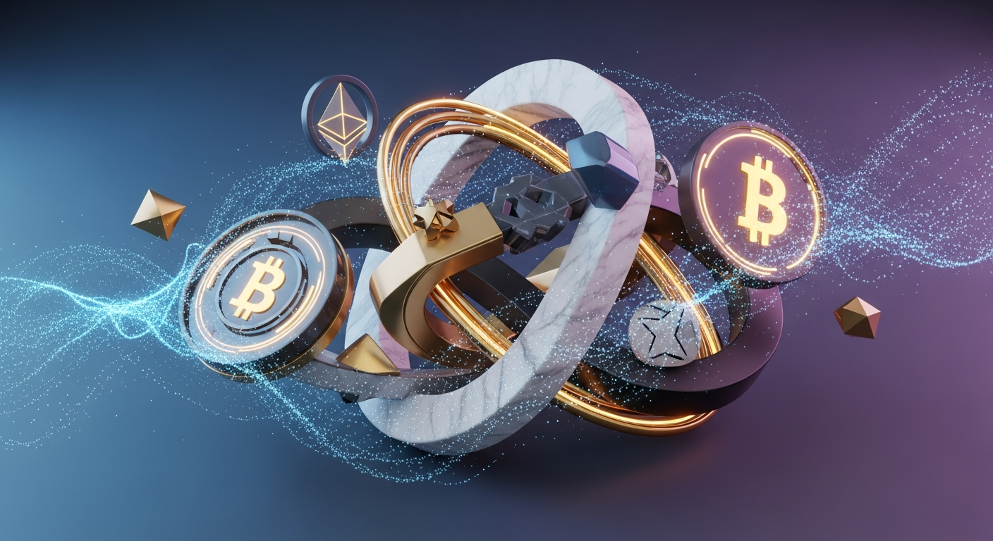 Símbolos cripto digitais brilhantes entrelaçados com formas geométricas de metal e mármore.