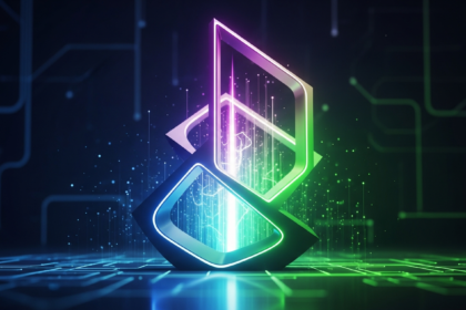 Arte digital de uma escultura abstrata moderna ou forma arquitetônica, vibrante e luminosa.