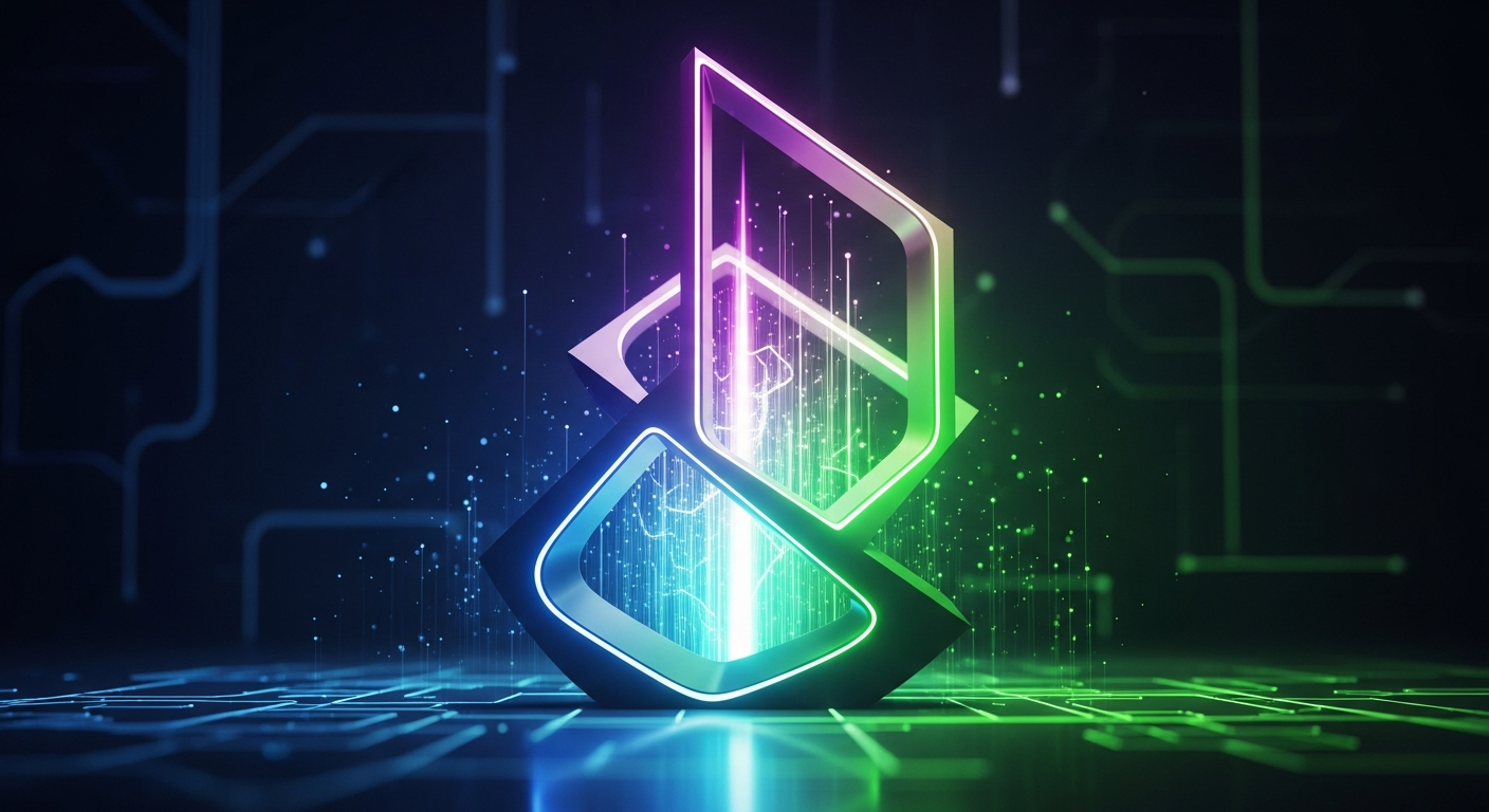 Arte digital de uma escultura abstrata moderna ou forma arquitetônica, vibrante e luminosa.