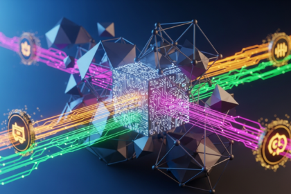 Arte abstrata moderna: estruturas geométricas interconectadas e fluxos de dados brilhantes, simbolizando cripto e memecoins.