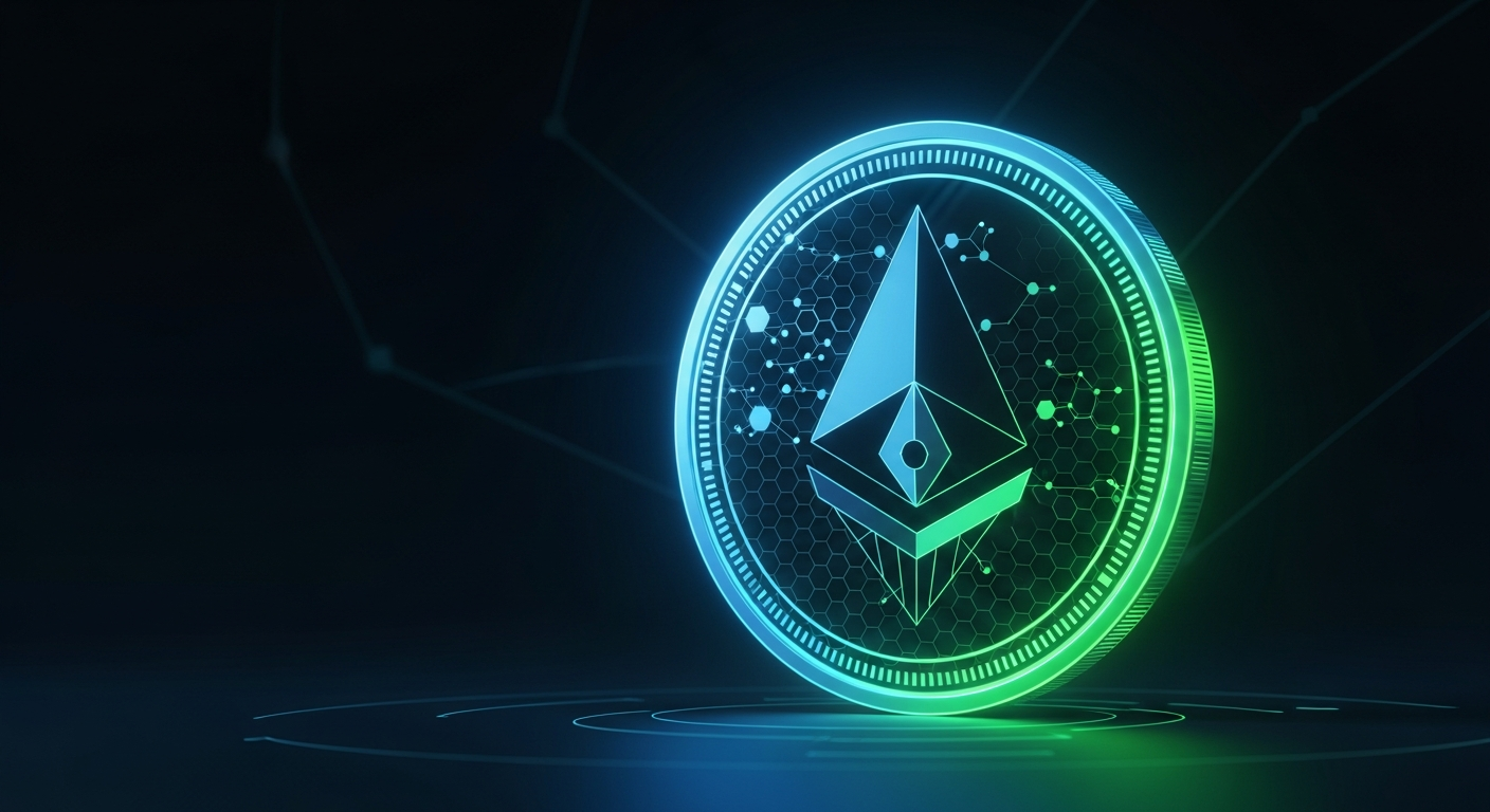 Moeda digital de criptomoeda estilizada e brilhante, representando abstratamente o Bitcoin, em estilo moderno.