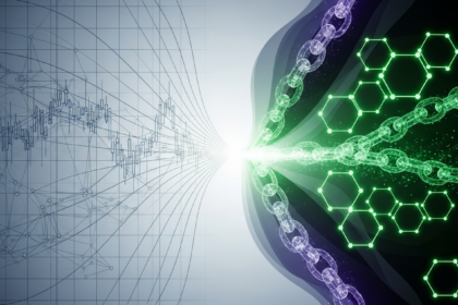 Imagem abstrata: grade de finanças tradicionais integrando-se perfeitamente com a tecnologia blockchain.