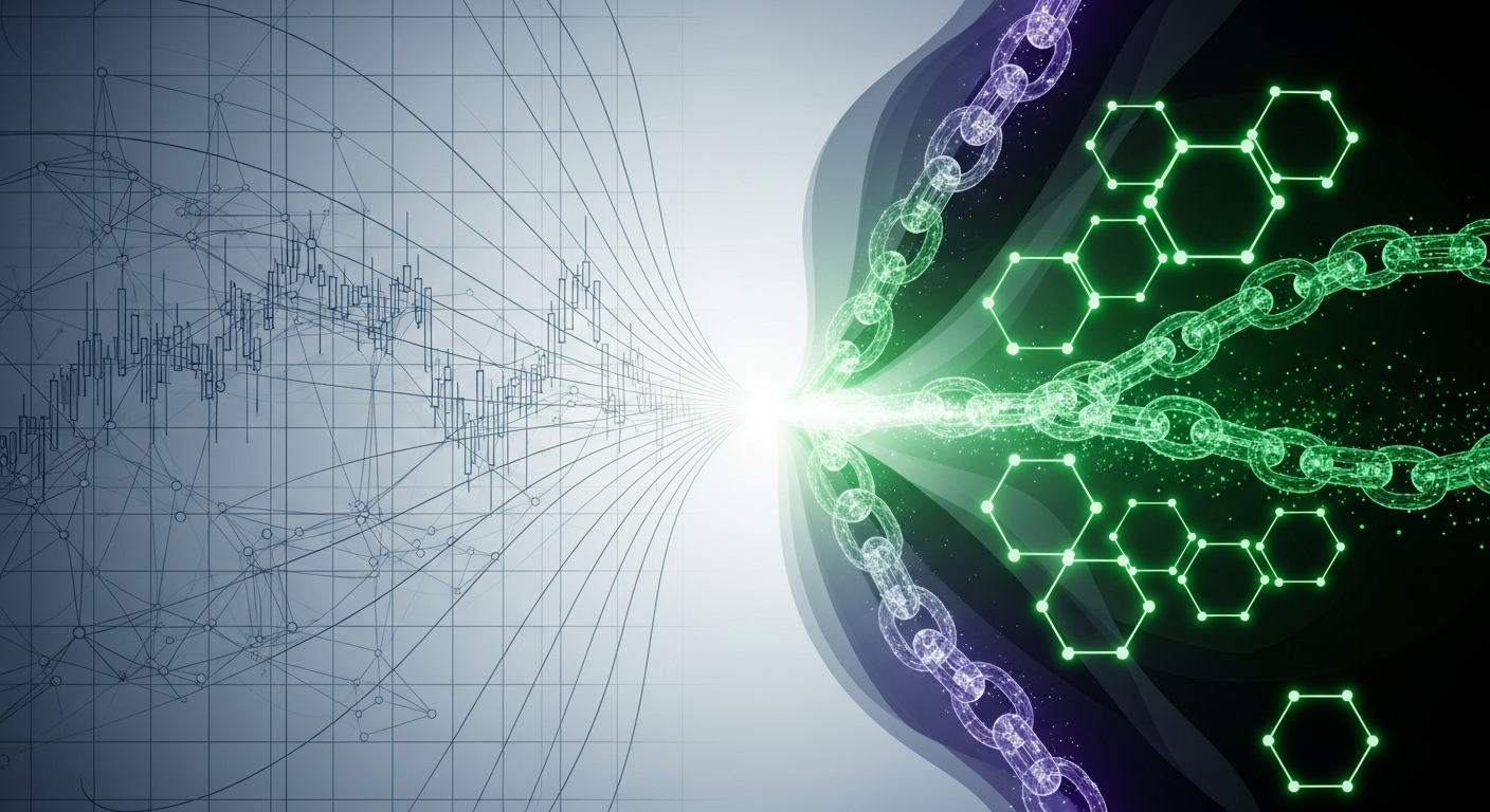 Imagem abstrata: grade de finanças tradicionais integrando-se perfeitamente com a tecnologia blockchain.