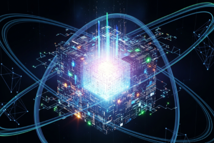 Composição abstrata moderna de alta tecnologia, com bloco digital brilhante ou núcleo de circuito pulsante.