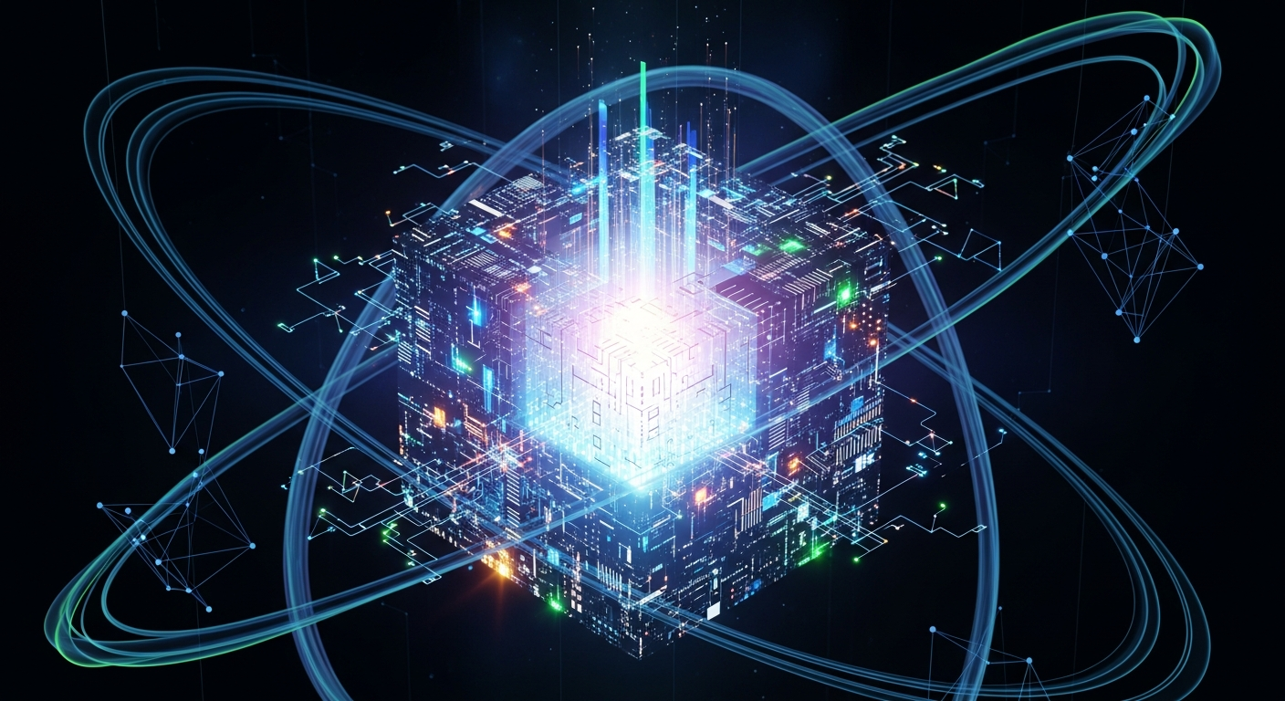 Composição abstrata moderna de alta tecnologia, com bloco digital brilhante ou núcleo de circuito pulsante.