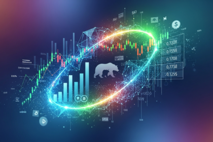 Arte digital moderna com formas geométricas brilhantes integrando ativos digitais em portfólios financeiros tradicionais.