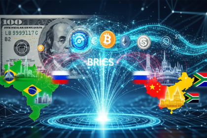 Arte digital: Nações BRICS lideram nova ordem de pagamento global e desdolarização acelerada.