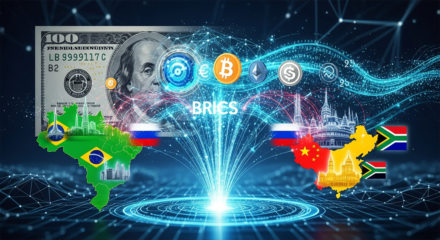 Arte digital: Nações BRICS lideram nova ordem de pagamento global e desdolarização acelerada.