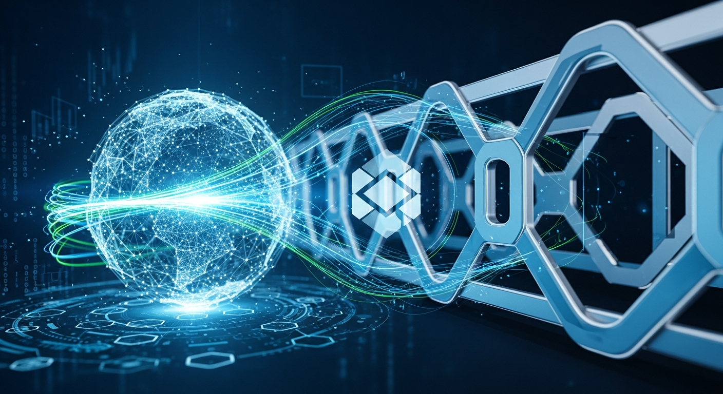 Representação abstrata e moderna da fiscalização e regulação global de ativos digitais.