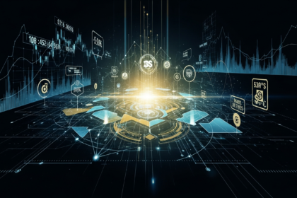 Arte digital abstrata: ecossistema financeiro futurista com rede brilhante de nós e fluxos de dados.