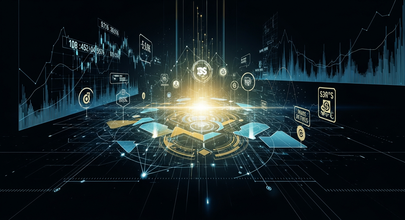 Arte digital abstrata: ecossistema financeiro futurista com rede brilhante de nós e fluxos de dados.