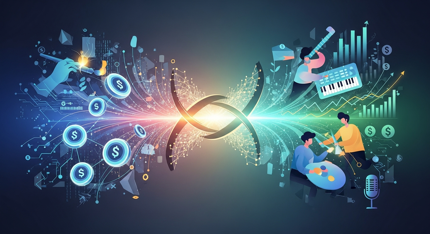 Arte digital abstrata: ponte dinâmica integrando stablecoins, finanças digitais e ferramentas da economia criativa.