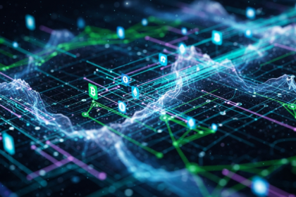 Rede digital intrincada e brilhante de linhas e formas geométricas, parcialmente obscurecida.
