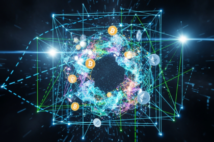 Arte digital abstrata: mercado de criptomoedas sob regulação com linhas geométricas brilhantes.