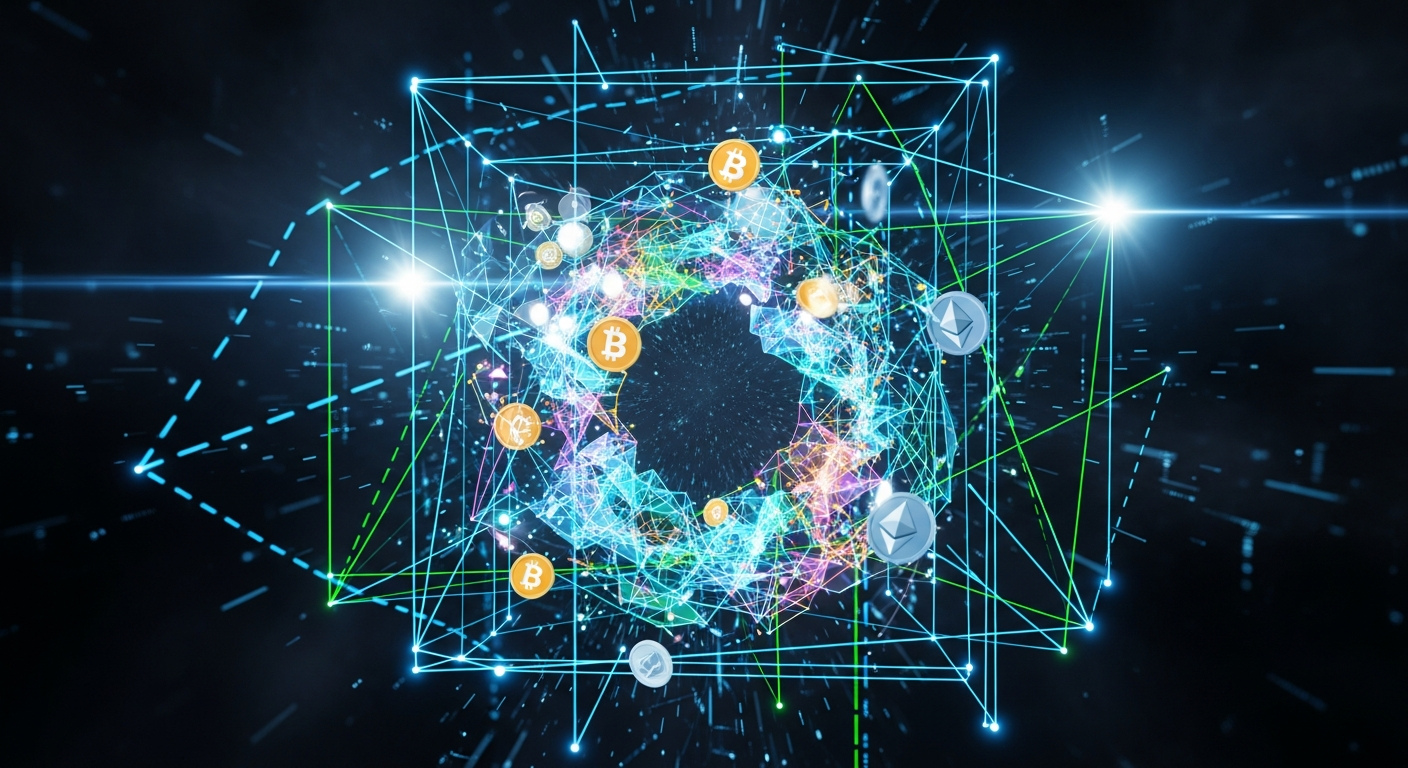 Arte digital abstrata: mercado de criptomoedas sob regulação com linhas geométricas brilhantes.