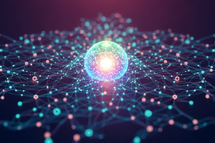 Arte digital moderna: núcleo abstrato brilhante irradia linhas e nós interconectados, simbolizando rede blockchain descentralizada.