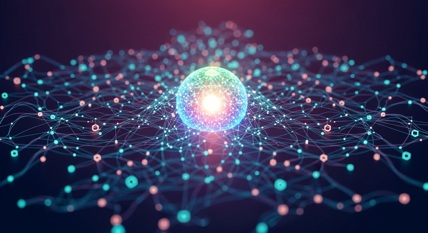 Arte digital moderna: núcleo abstrato brilhante irradia linhas e nós interconectados, simbolizando rede blockchain descentralizada.