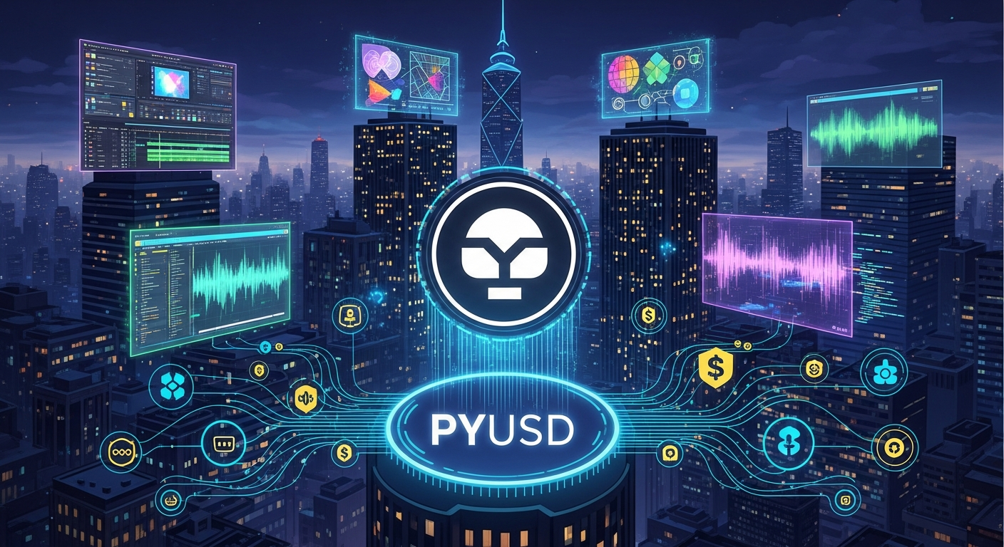Ilustração digital: criação de conteúdo e pagamentos PYUSD se unem no futuro das finanças cripto.