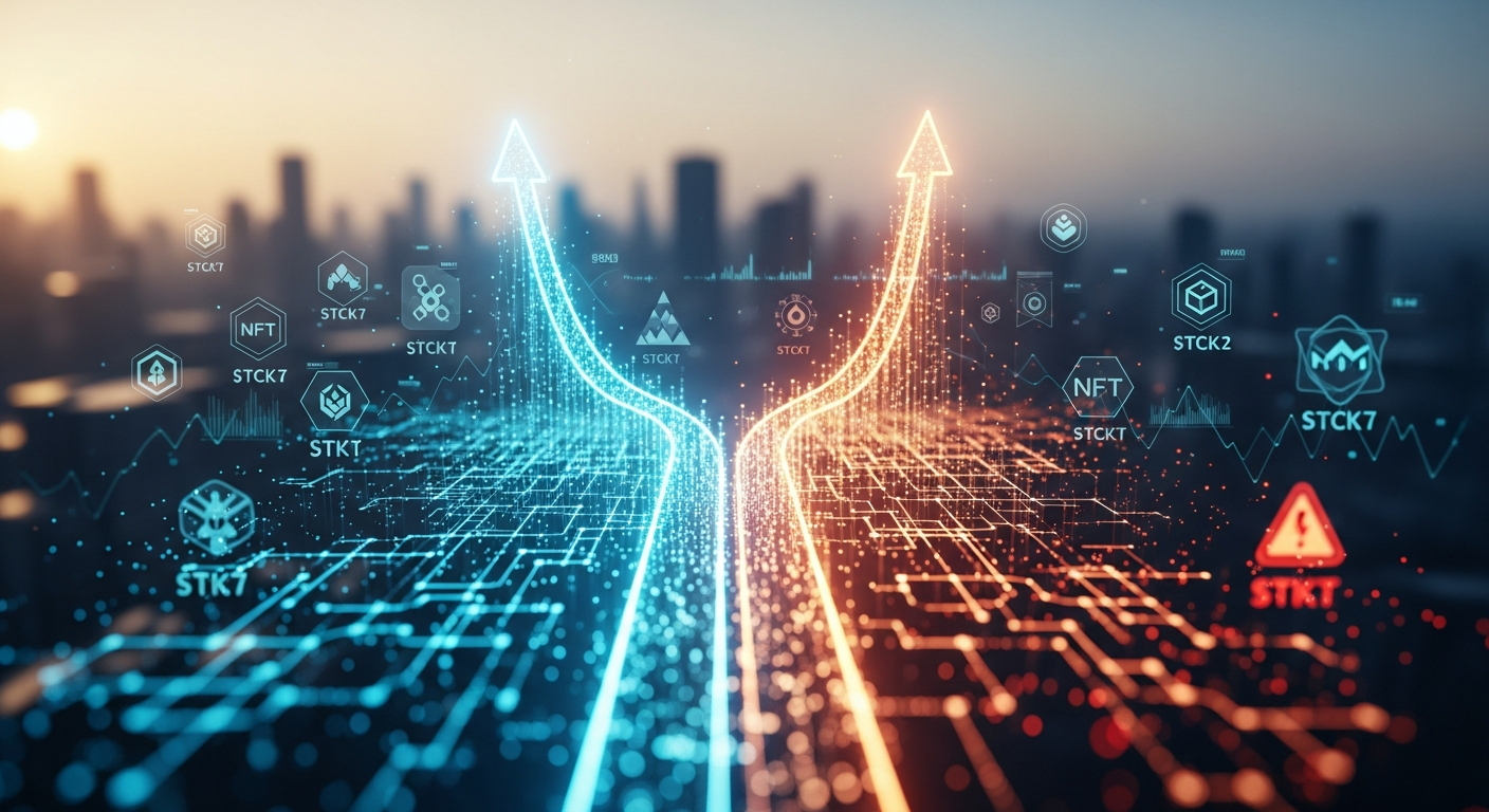 Mercado de ativos digitais em momento crucial, com caminho digital abstrato e luminoso.