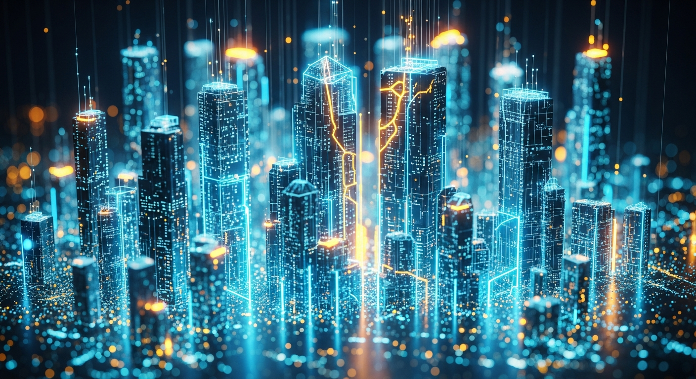 Modern, abstract digital cityscape de estruturas blockchain brilhantes e fluxos de dados, visivelmente fraturando.