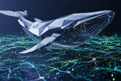 Baleia geométrica abstrata de metal e vidro em oceano digital com fluxos de dados.
