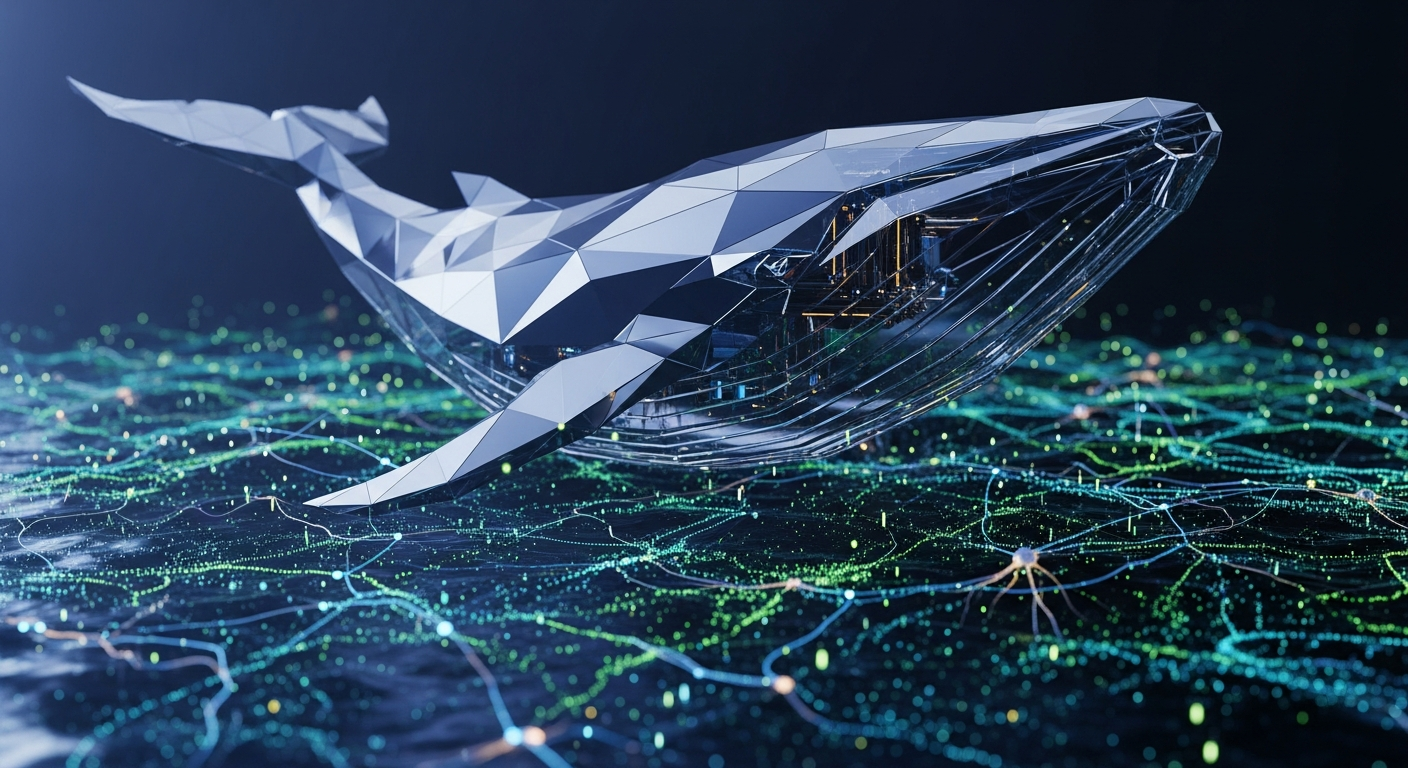 Baleia geométrica abstrata de metal e vidro em oceano digital com fluxos de dados.