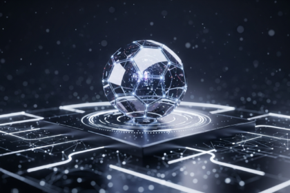Esfera metálica multifacetada abstrata em plataforma digital escura e interconectada.