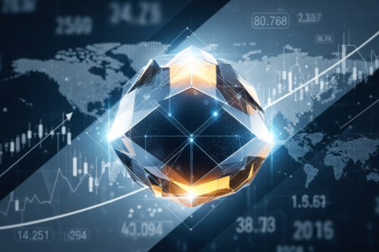 Uma grande forma geométrica abstrata, brilhante e estável, parecendo um bloco digital ou metálico.