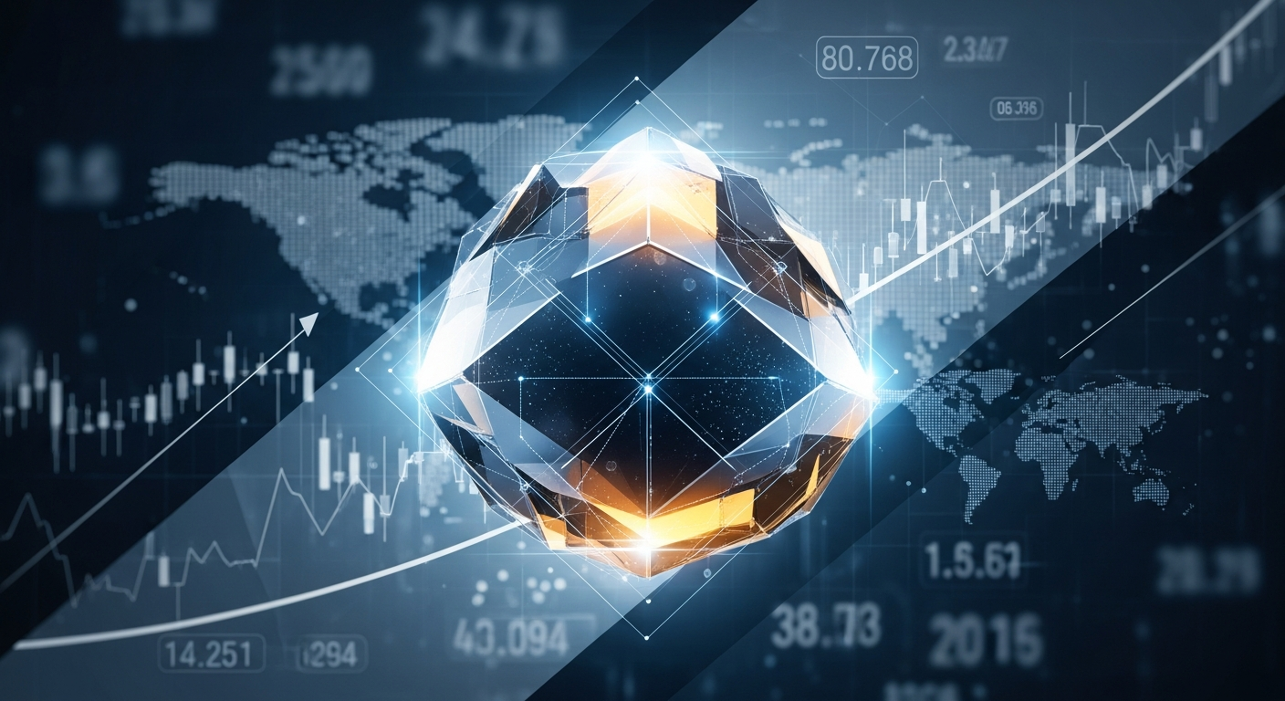 Uma grande forma geométrica abstrata, brilhante e estável, parecendo um bloco digital ou metálico.