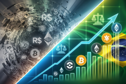 Arte digital abstrata retratando a transição da regulação de criptomoedas no Brasil para a clareza.