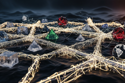 Paisagem financeira abstrata com líquido escuro e viscoso na base, contido por estruturas brilhantes.