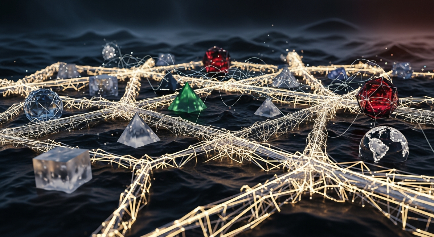 Paisagem financeira abstrata com líquido escuro e viscoso na base, contido por estruturas brilhantes.