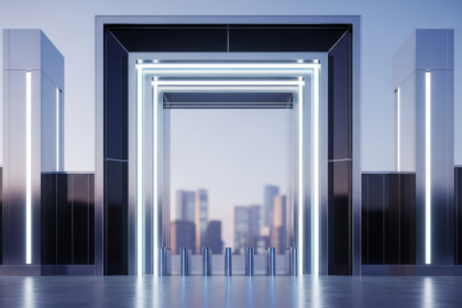 Arte digital moderna: um grande portal arquitetônico iluminado, elegante e futurista