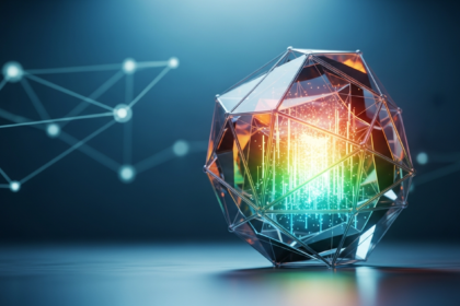 Estrutura cristalina abstrata e multifacetada, brilhando com luz interna, representando ativos digitais.