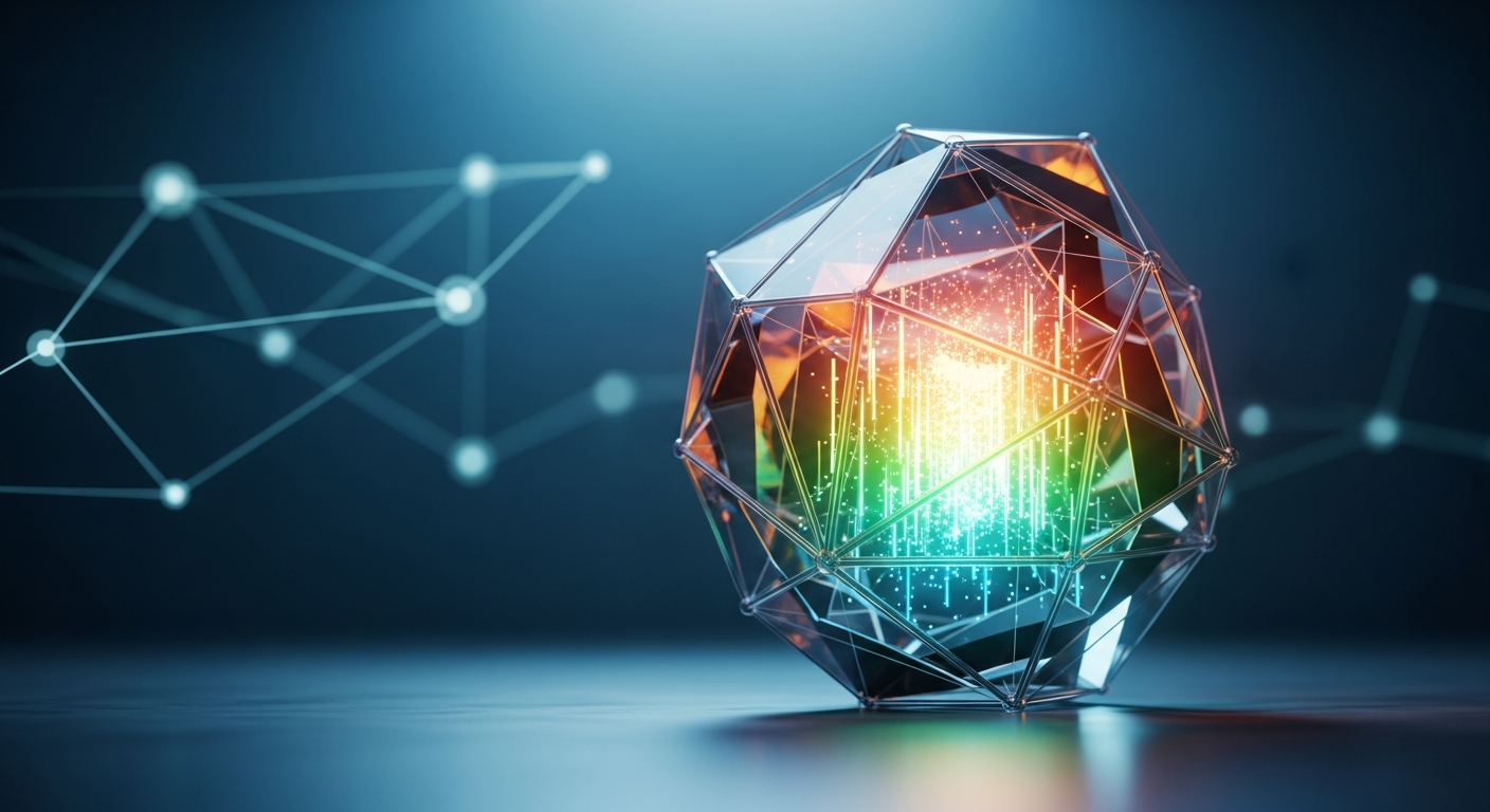 Estrutura cristalina abstrata e multifacetada, brilhando com luz interna, representando ativos digitais.