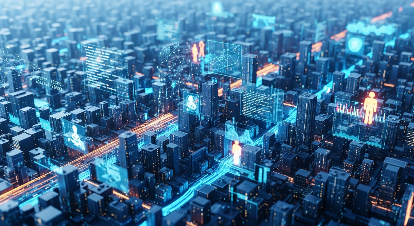 Cidade futurista abstrata com blocos geométricos interconectados, formando um centro de inovação digital.