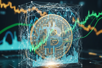 Símbolo do Bitcoin digital estabilizado por gráficos financeiros complexos e linhas geométricas luminosas.