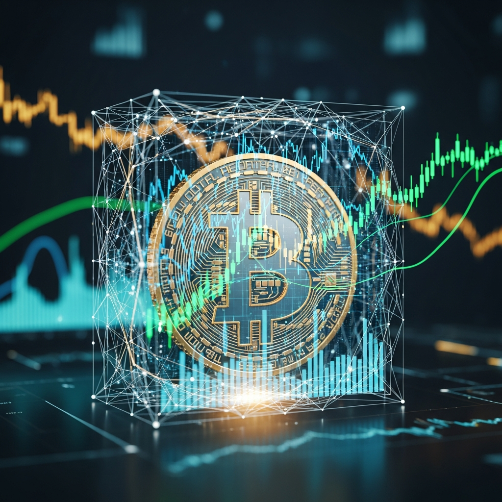 Símbolo do Bitcoin digital estabilizado por gráficos financeiros complexos e linhas geométricas luminosas.