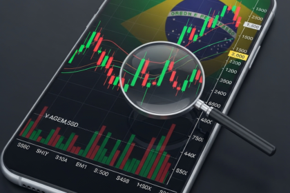 Smartphone exibindo gráfico de criptomoedas com lupa e bandeira do Brasil ao fundo.