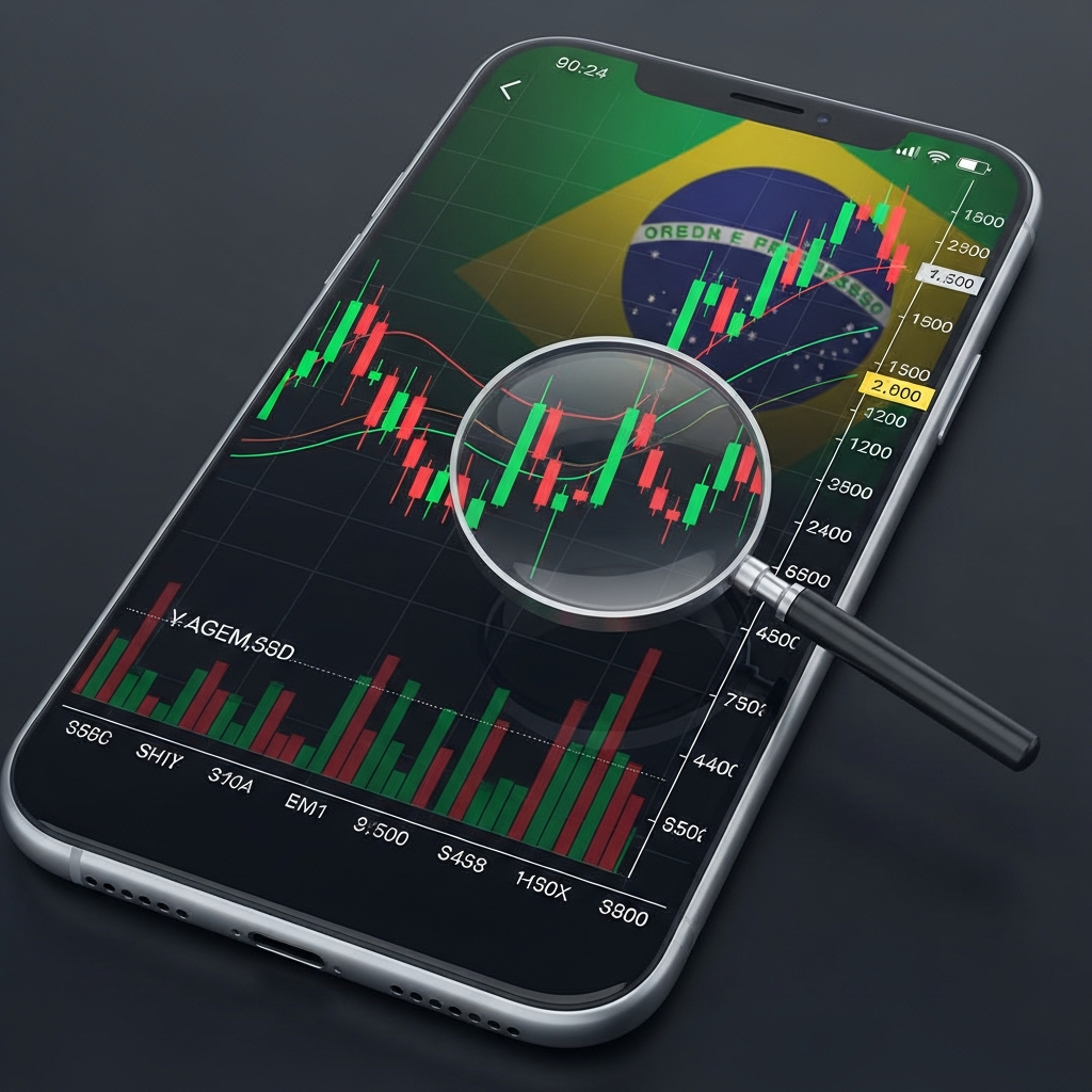 Smartphone exibindo gráfico de criptomoedas com lupa e bandeira do Brasil ao fundo.