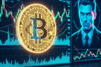 Símbolo dourado do Bitcoin brilhando sobre gráficos financeiros e um empreendedor tecnológico ao fundo.