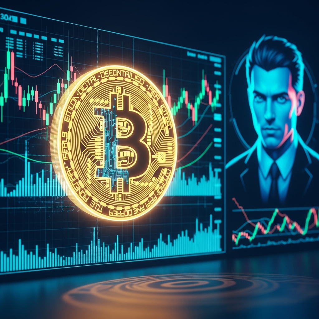 Símbolo dourado do Bitcoin brilhando sobre gráficos financeiros e um empreendedor tecnológico ao fundo.
